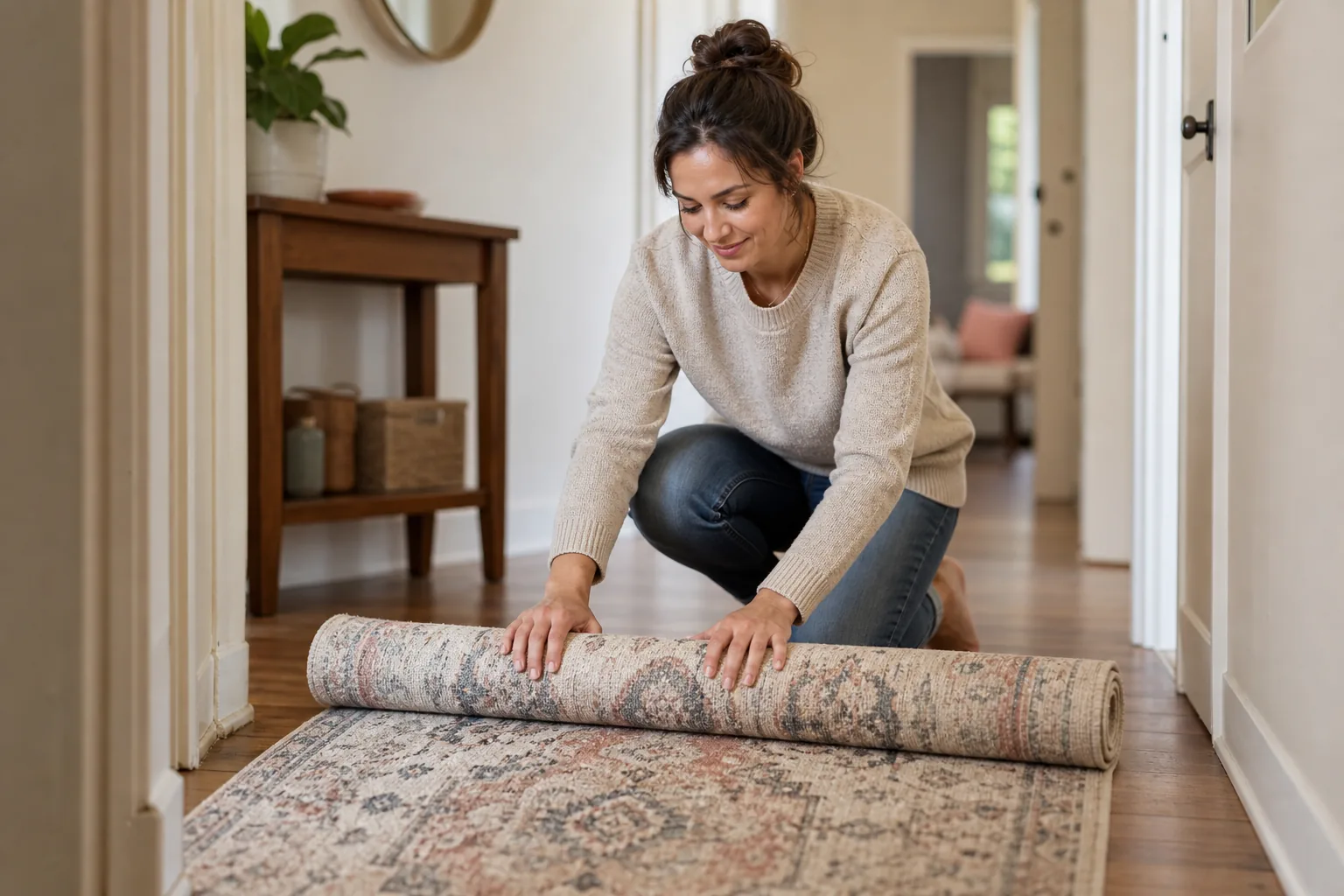 Rouler un tapis lavable dans un couloir lumineux