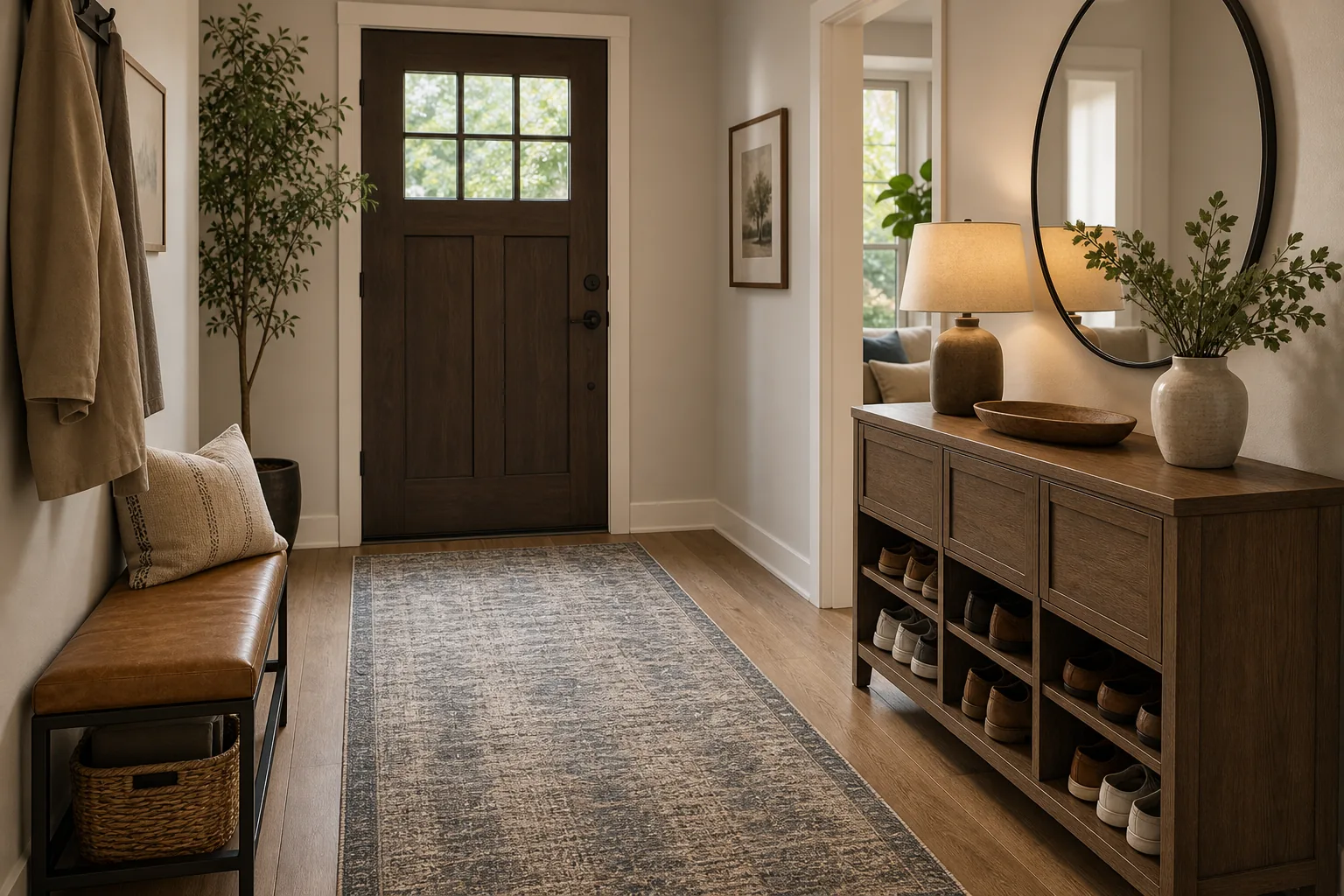 Entrée avec tapis et mobilier accueillant